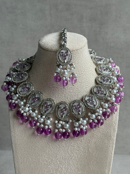 Ayura Designs Linza Set – Necklace, Earrings & Tikka in Lilac & Pearl with Silver Finish