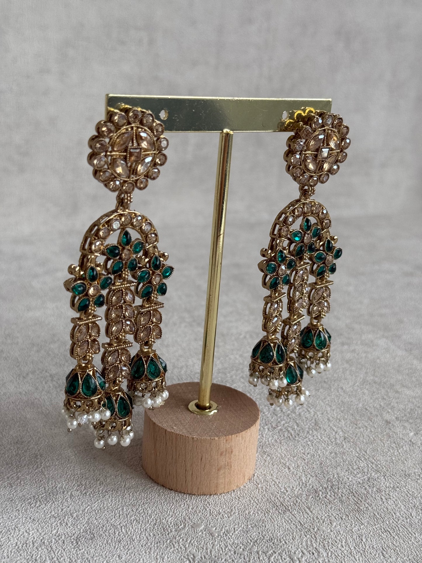 Ayura Designs Soraya Earrings – Emerald Green Stones, Champagne Crystals, Pearl Detailing & Gold Finish