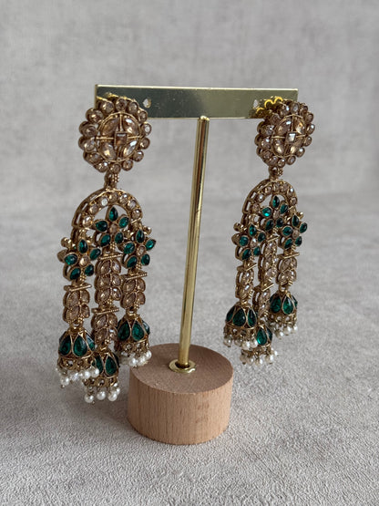 Ayura Designs Soraya Earrings – Emerald Green Stones, Champagne Crystals, Pearl Detailing & Gold Finish