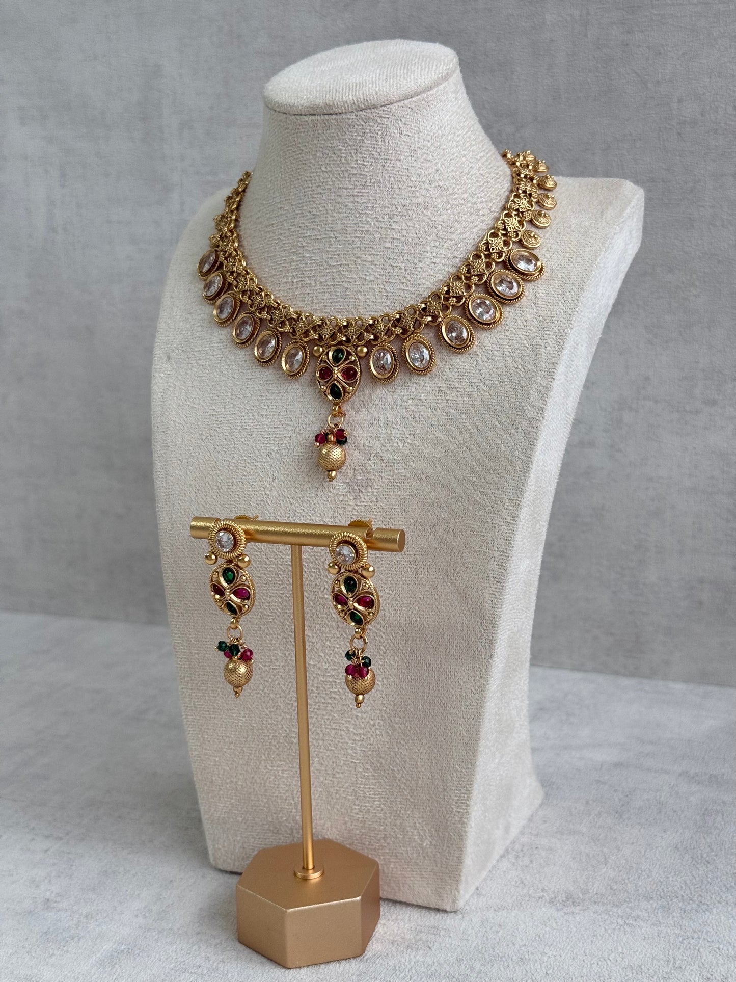 Ayura Designs Perniya Set with Necklace & Earrings – Mirror-Cut Stones with Multicolour Accents in Antique Gold Finish