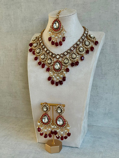 Ayura Designs Ishyat Set with Necklace, Earrings & Tikka – Kundan Detailing, Ruby Red Drops & Ivory Pearls