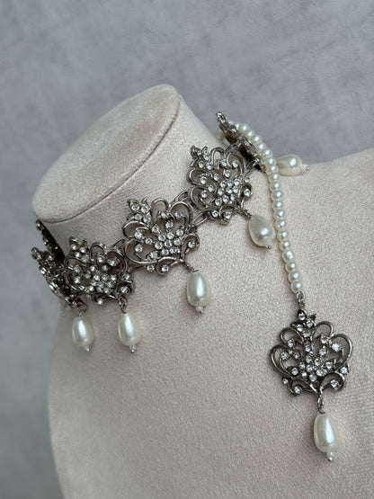Ayura Designs Alina Choker Set with Earrings & Tikka – Silver Crystal Floral Choker with Pearl Drops