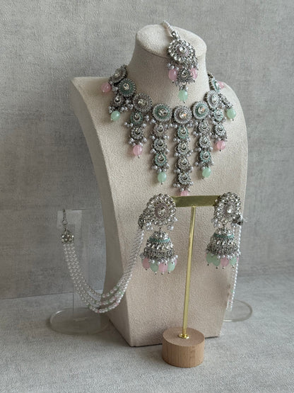 Ayura Designs Nawal Set – Necklace, Jhumkis, Tikka & Detachable Sahare with Mint & Blush Beads, Pearls & Antique Silver Finish