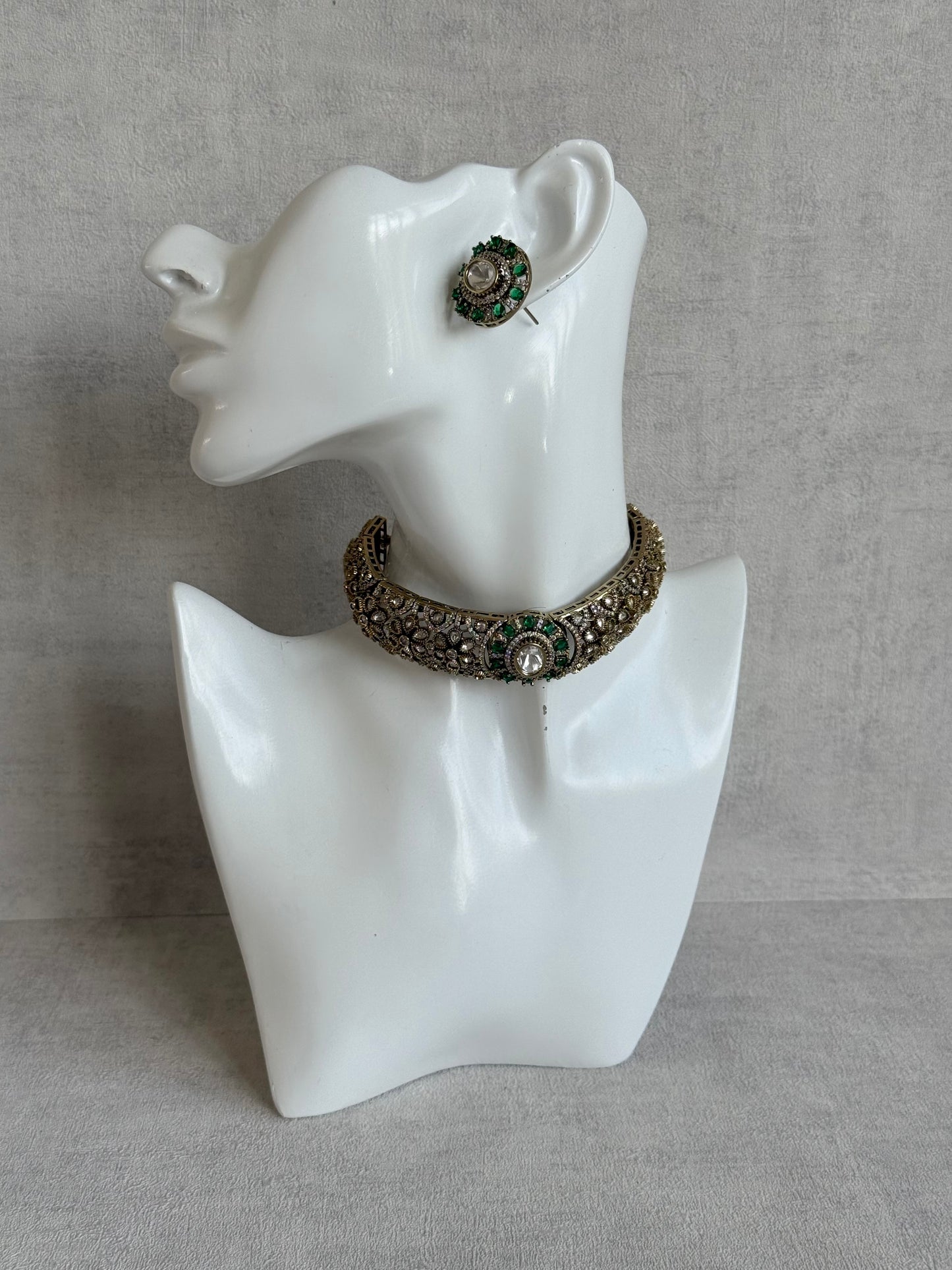 Ayura Designs Genevieve Choker Set with Studs – Emerald Green Crystal Kundan in Antique Gold