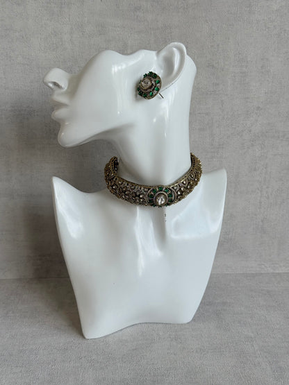 Ayura Designs Genevieve Choker Set with Studs – Emerald Green Crystal Kundan in Antique Gold