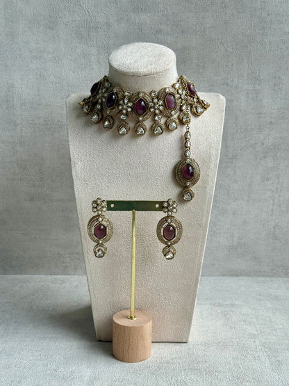 Ayura Designs Emanya Choker Set – Choker, Earrings & Tikka with Mirror-Cut Stones, Plum Mauve & Antique Gold Detailing