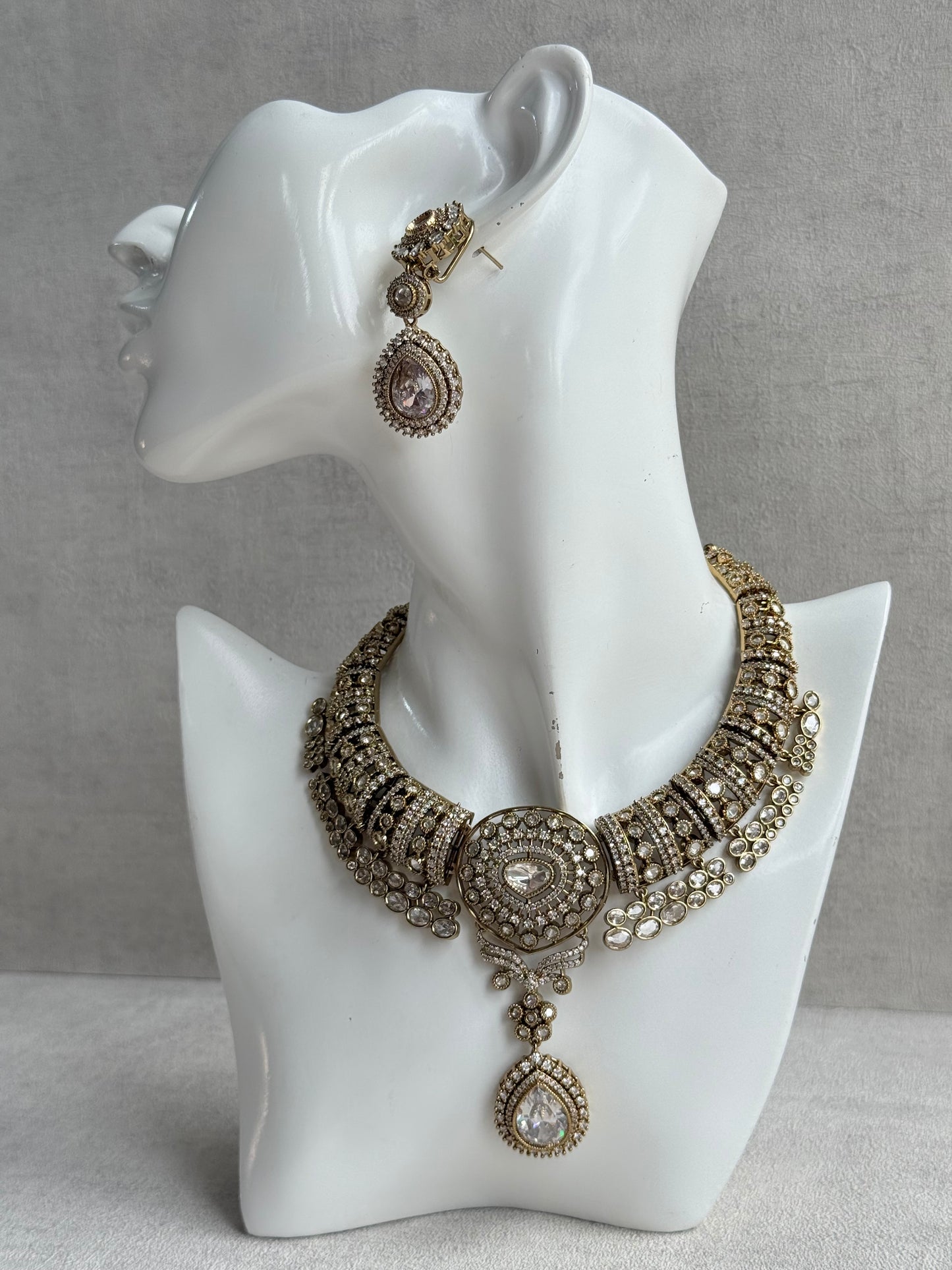 Ayura Designs Ahana Necklace Set with Earrings – Crystal Teardrop Stones & Moissanite Detailing
