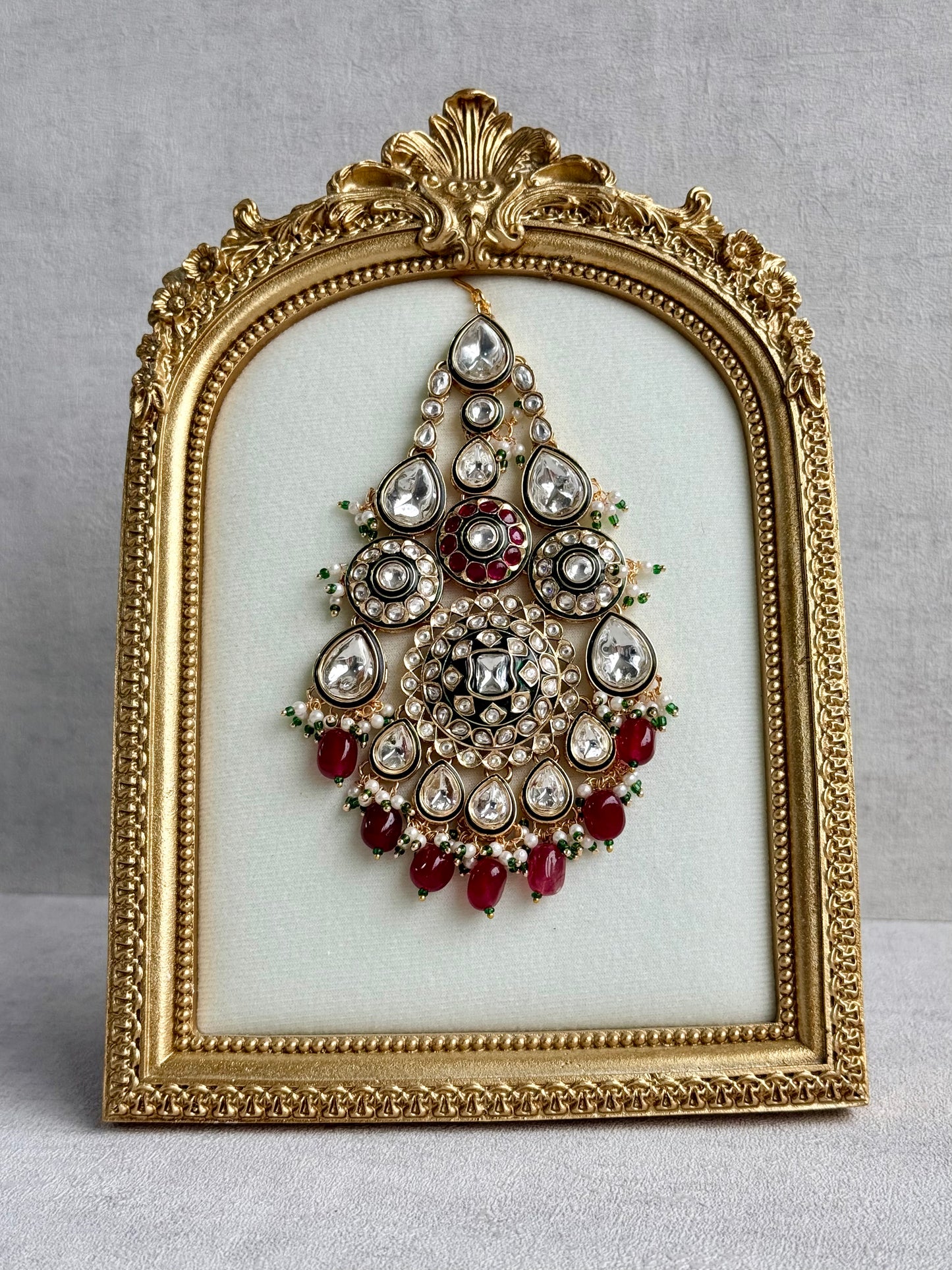 Ayura Designs Suhana Jhoomar Passa – Kundan Jhoomar with Ruby Red Drops, Pearl Detailing & Green Bead Accents