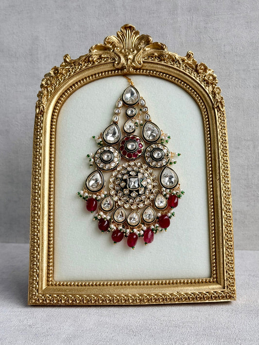 Ayura Designs Suhana Jhoomar Passa – Kundan Jhoomar with Ruby Red Drops, Pearl Detailing & Green Bead Accents