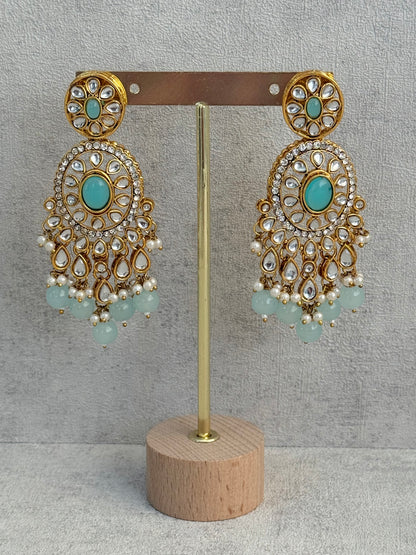 Ayura Designs Zara Set with Necklace, Earrings, Tikka & Passa – Antique Gold with Kundan Detailing & Aqua Blue Beads