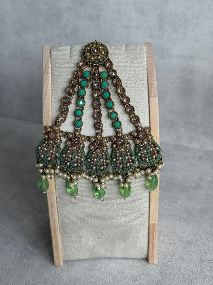 Ayura Designs Gaya Tikka Set with Earrings, Tikka & Sahara – Antique Gold with Pistachio Green Beads, Pearls & Mirror-Cut Stones