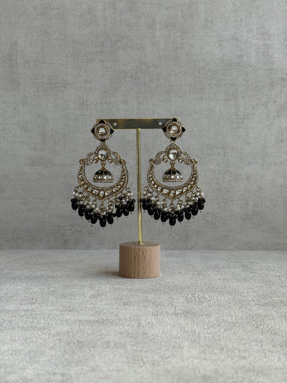 Ayura Designs Reha Earrings – Statement Chandbalis with Black Beads, Pearls & Mirror-Cut Stones
