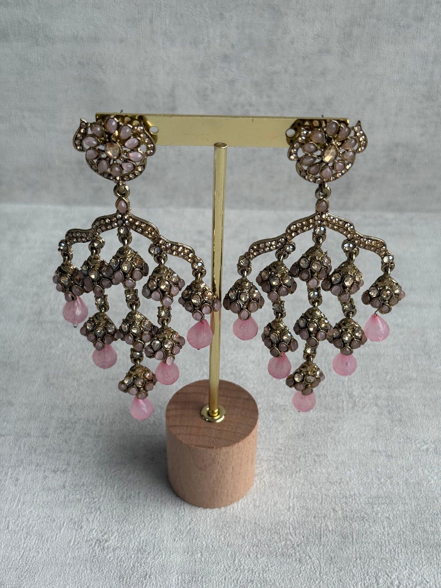 Ayura Designs Jasmine Earrings – Chandelier Earrings with Blush Pink Beads & Antique Gold Detailing