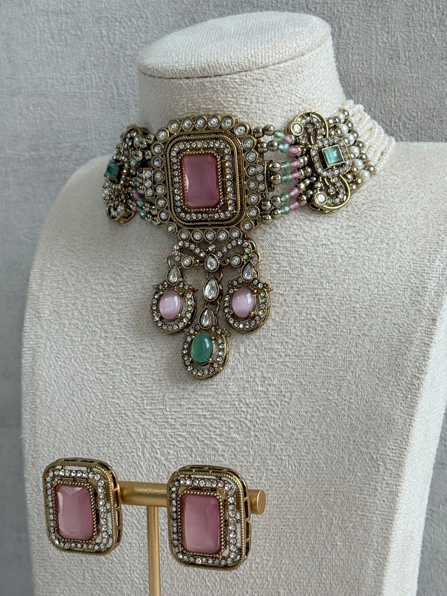Ayura Designs Nabiha Choker Set with Studs – Blush Pink & Mint Green, Crystal Detailing & Gold Finish