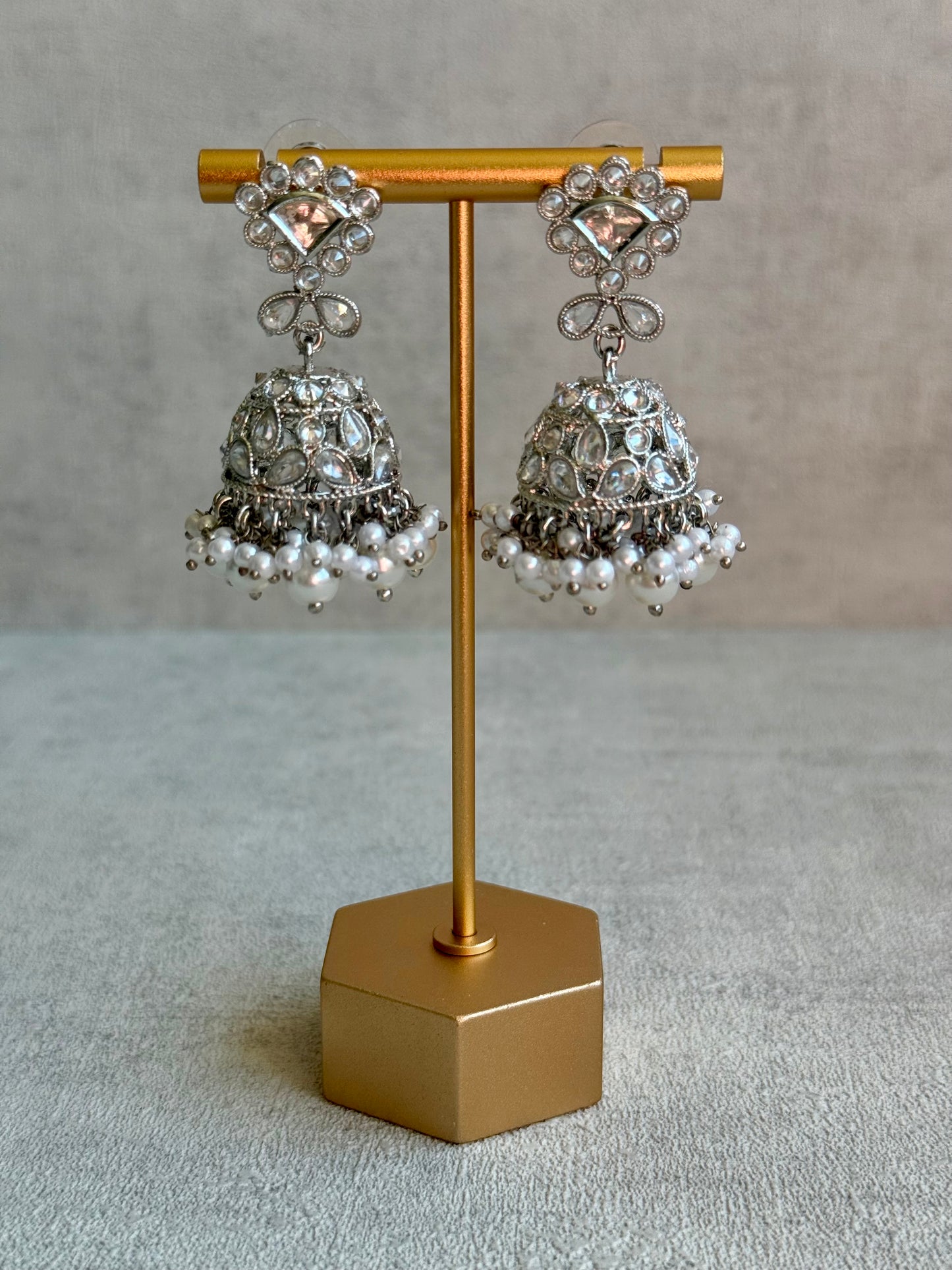 Ayura Designs Fozia Set with Necklace, Jhumkis & Tikka – Mirror-Cut Stones & Pearl Detailing in Silver Finish