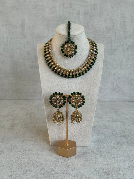 Ayura Designs Huma Set with Jhumkis & Tikka – Mirror-Cut Stones, Emerald Green Beads & Pearl Detailing