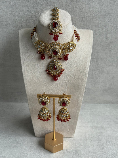 Ayura Designs Muskaan Set – Choker, Jhumkis & Tikka with Ruby Red Beads, Kundan Stones & Antique Gold Finish