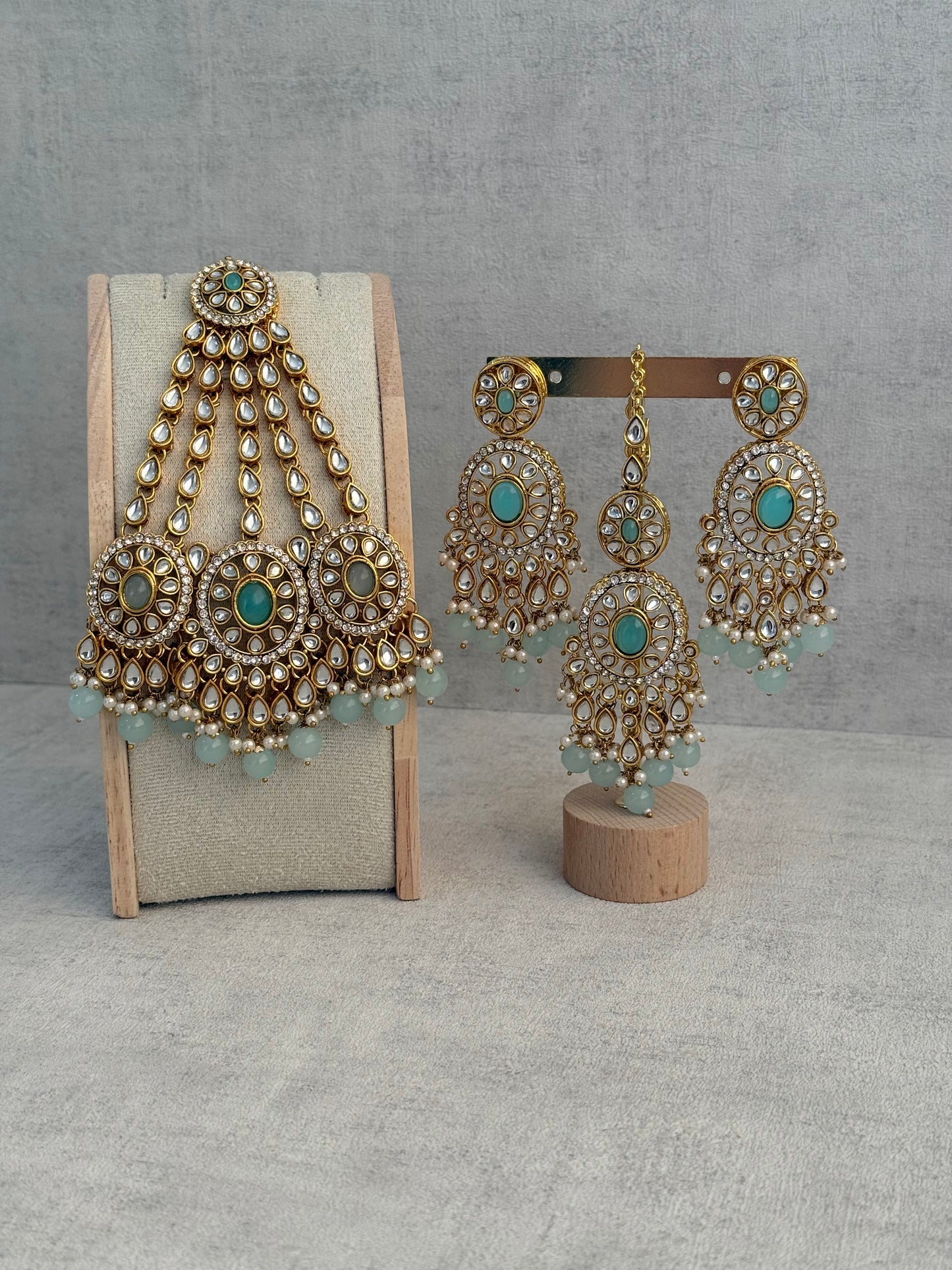 Ayura Designs Zara Set with Necklace, Earrings, Tikka & Passa – Antique Gold with Kundan Detailing & Aqua Blue Beads