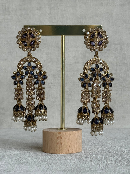 Ayura Designs Soraya Earrings – Ink Blue Stones, Champagne Crystals, Pearl Detailing & Gold Finish