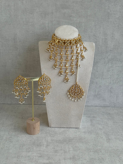 Ayura Designs Basant Set with Choker, Earrings & Tikka – Mirror-Cut Stones, Pearl Fringe & Antique Gold Finish