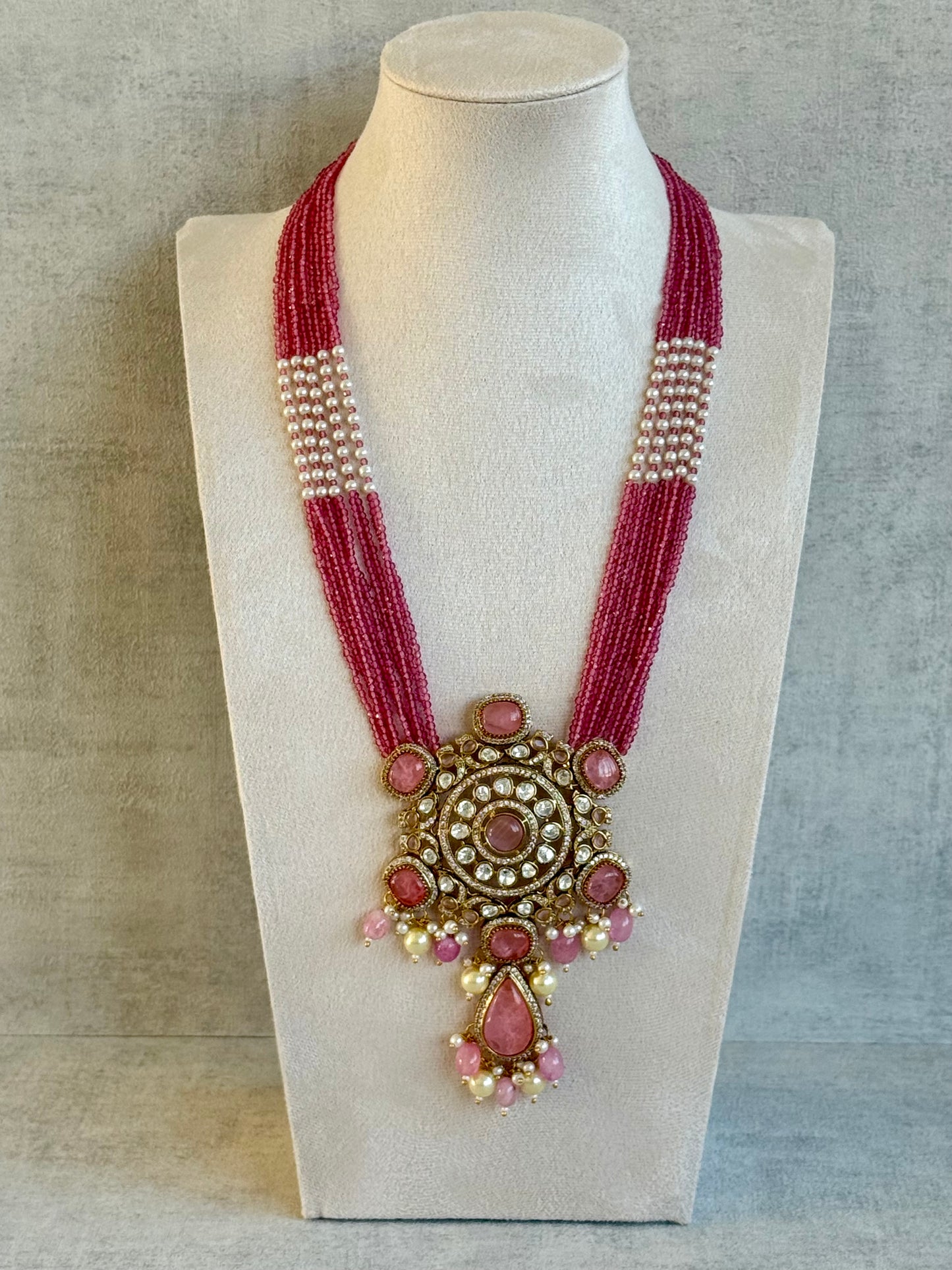 Ayura Designs Julia Set – Kundan Necklace & Earrings with Rose Pink Stones, Pearls & Crystal Detailing