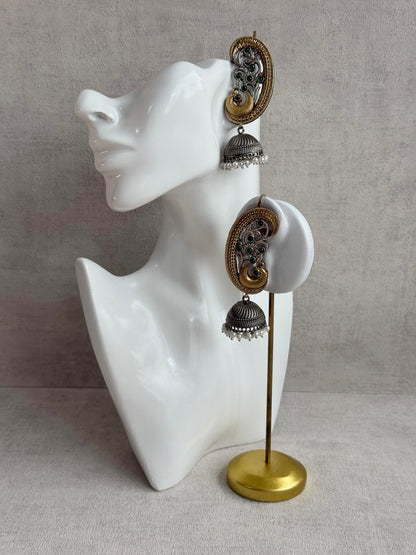 Ayura Designs Fasana Earrings – Dual Tone Oxidised Peacock Ear Climbers with Emerald Green Stones & Pearl Drops