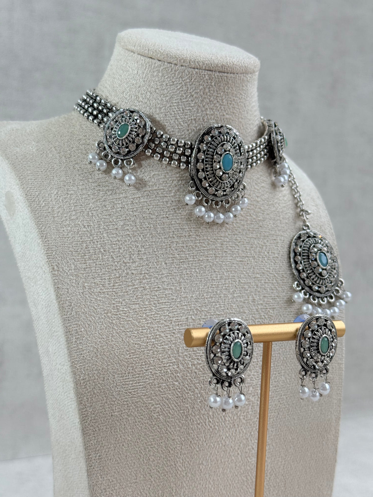 Ayura Designs Gauri Choker Necklace Set with Earrings & Tikka – Mint Green, Turquoise Blue & Crystal Stones with Oxidised Silver Finish