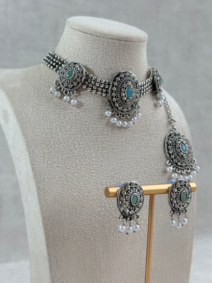 Ayura Designs Gauri Choker Necklace Set with Earrings & Tikka – Mint Green, Turquoise Blue & Crystal Stones with Oxidised Silver Finish