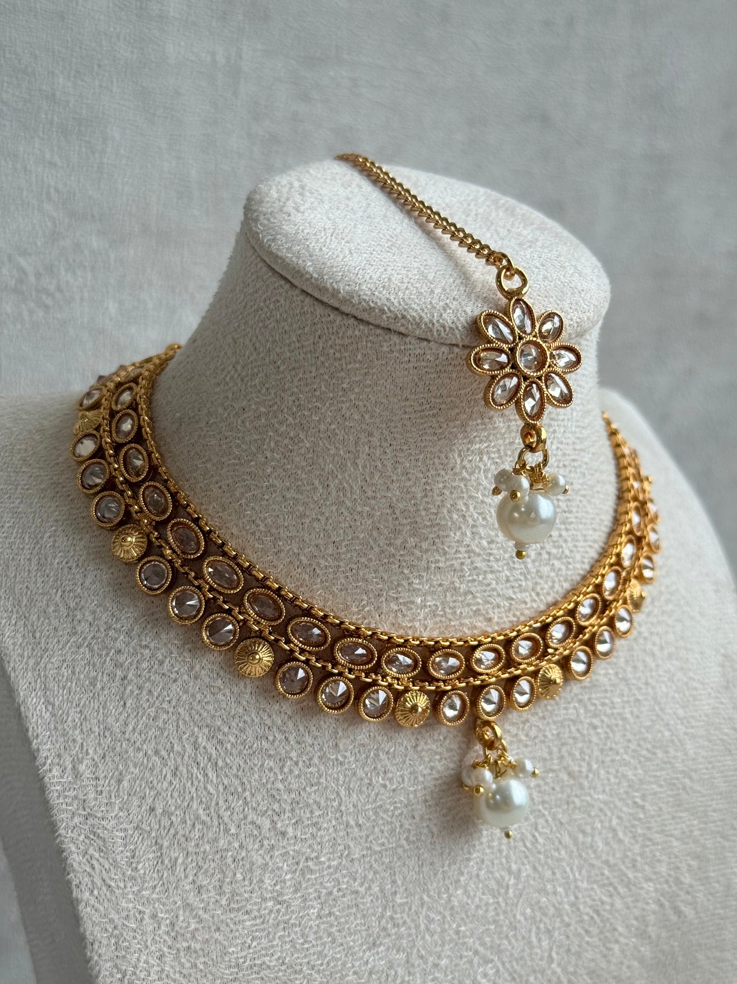 Ayura Designs Rashi Set with Earrings & Tikka – Mirror-Cut Stones with Ivory Pearl Drops in Antique Gold