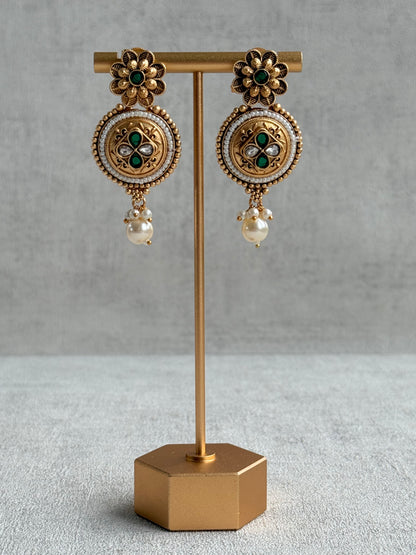 Ayura Designs Kaya Necklace Set with Earrings – Emerald Green Kundan Stones, Pearls & Antique Gold Finish