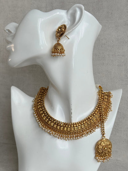 Ayura Designs Iksirat Necklace Set with Jhumkis & Tikka – Gold Heritage Design with Pearl Detailing
