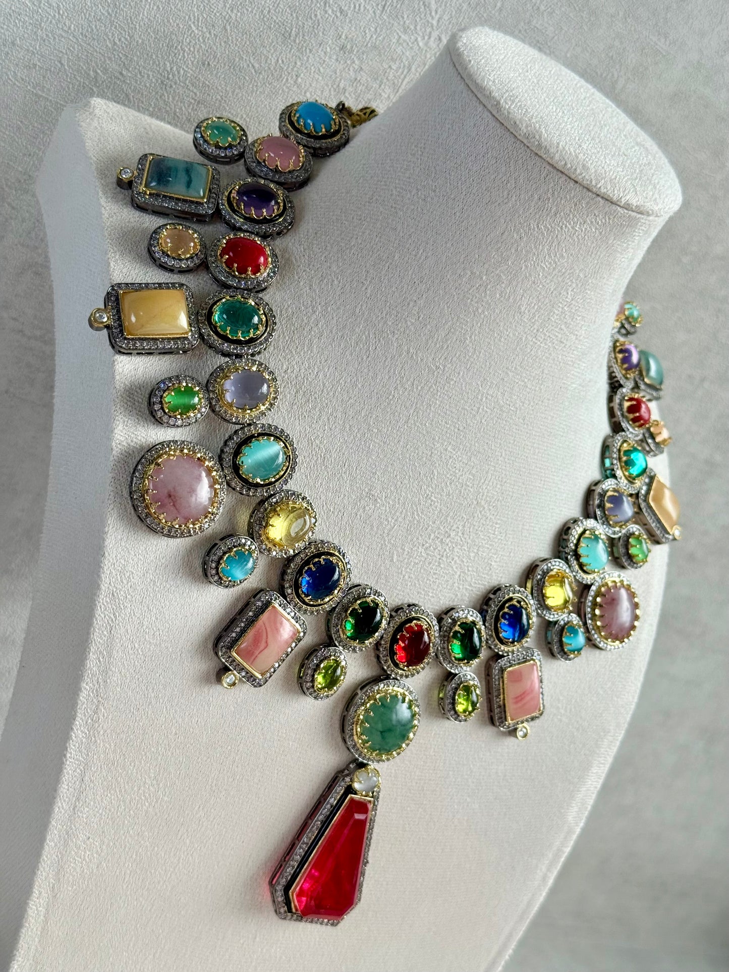 Ayura Designs Ophelia Set with Necklace & Earrings – Navratan Stone Detailing with Antique Silver Finish