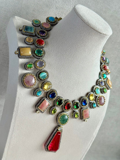 Ayura Designs Ophelia Set with Necklace & Earrings – Navratan Stone Detailing with Antique Silver Finish