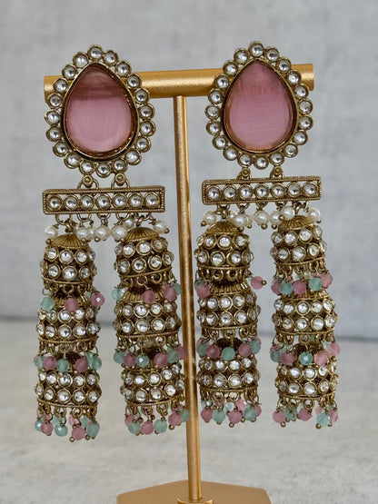 Ayura Designs Kyra Earrings – Pink & Gold Jhumkas with Kundan, Pearl, and Pastel Green & Pink Bead Detailing