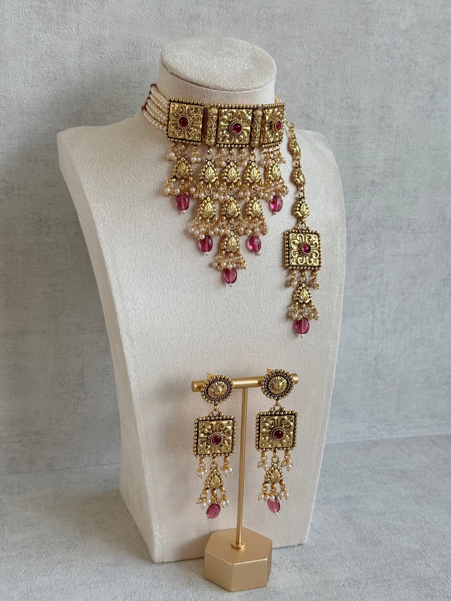 Ayura Designs Nimrah Choker Set with Earrings & Tikka – Ruby Pink Gold Tone Waterfall Jewellery Set