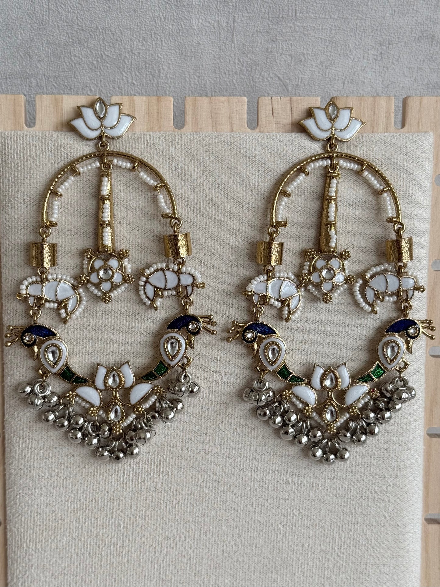 Ayura Designs Zoonpari Earrings – Ivory Pearl, Blue & Green Meenakari Peacock Chandeliers in Dual Tone with Ghungroos
