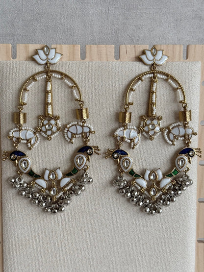 Ayura Designs Zoonpari Earrings – Ivory Pearl, Blue & Green Meenakari Peacock Chandeliers in Dual Tone with Ghungroos