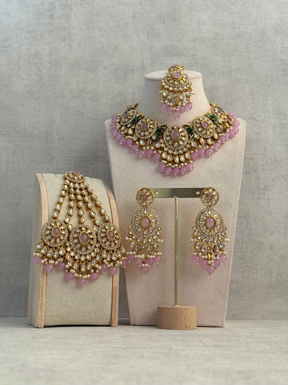 Ayura Designs Zara Set with Necklace, Earrings, Tikka & Passa – Antique Gold with Kundan Detailing & Lilac Stones & Beads