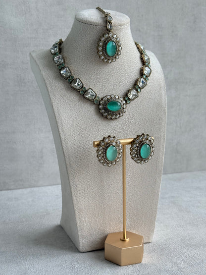 Ayura Designs Inza Necklace Set – Aqua Green Stones, Kundan & Crystals with Antique Gold Finish