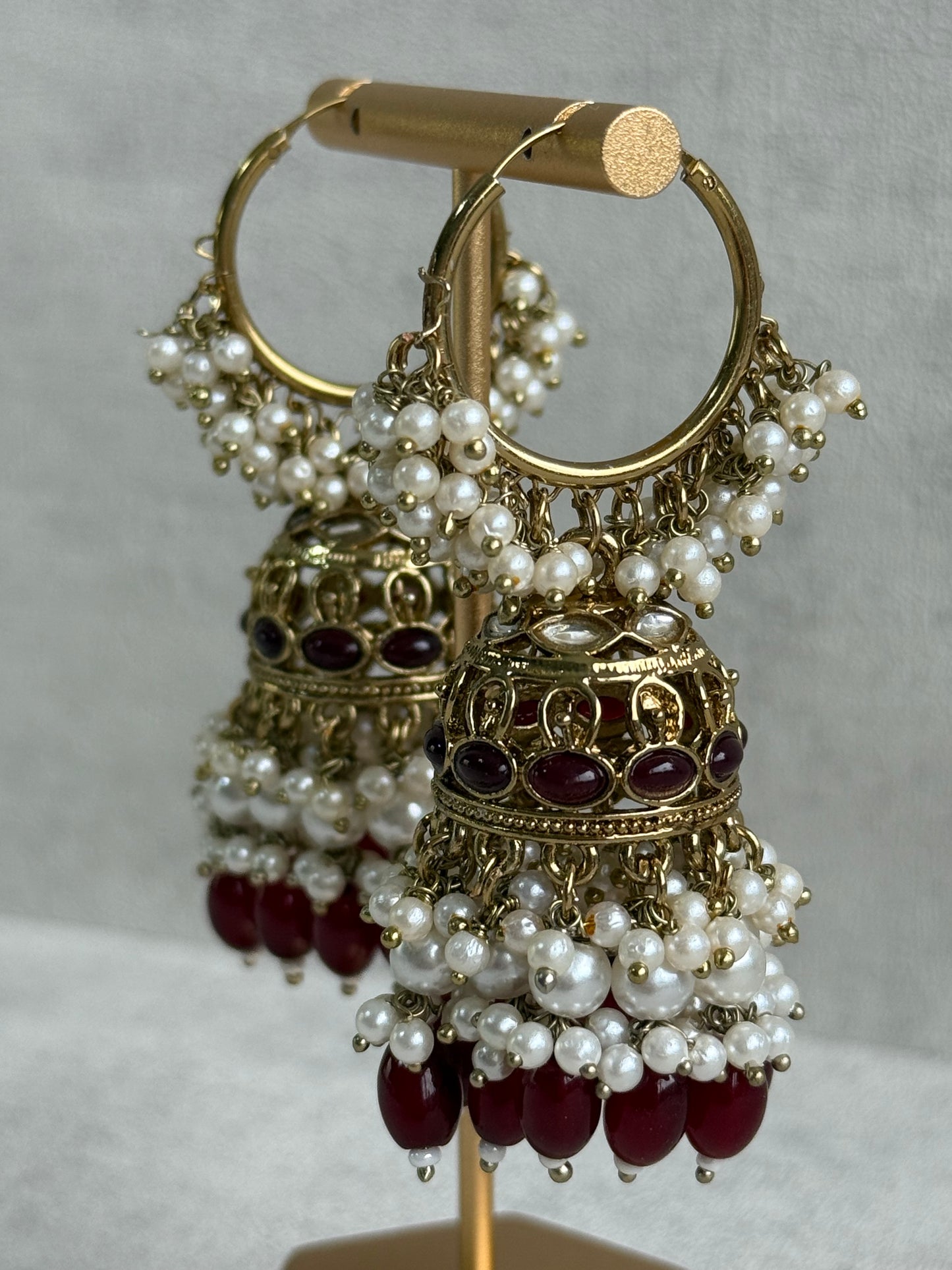 Ayura Designs Jugni Jhumkis – Antique Gold Balis with Maroon Beads & Pearl Clusters