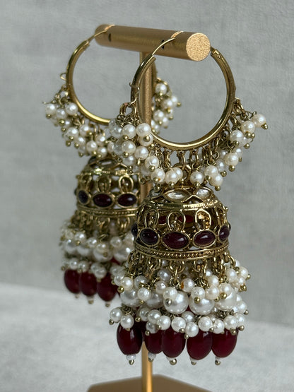 Ayura Designs Jugni Jhumkis – Antique Gold Balis with Maroon Beads & Pearl Clusters