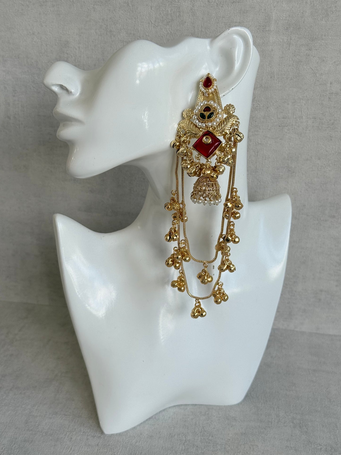 Ayura Designs Simal Earrings – Kashmiri Earrings with Red Stone, Multicoloured Detailing, Layered Ghungroo Chains & Jhumkis