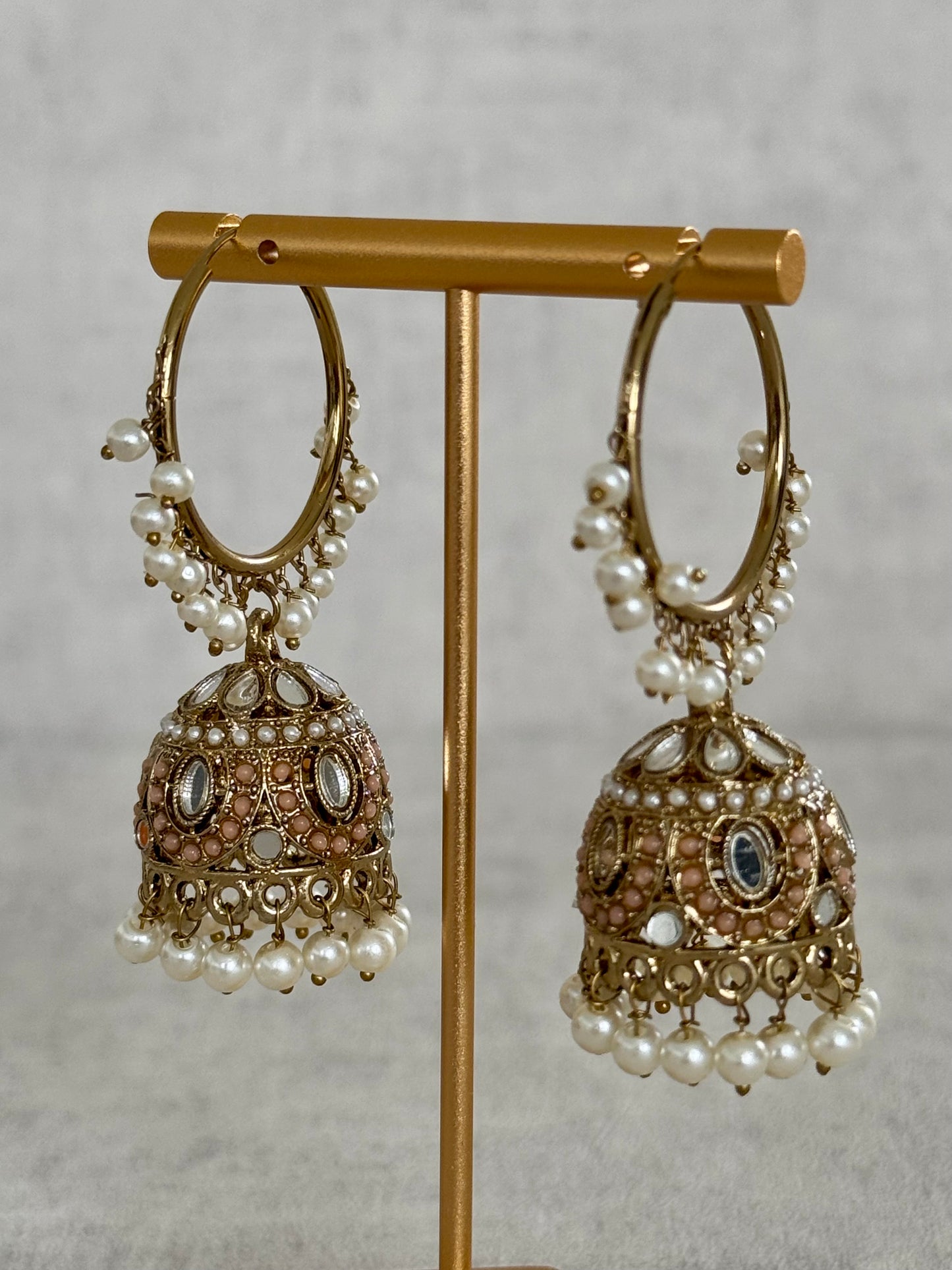 Ayura Designs Jugni Bali Jhumkas – Antique Gold with Mauve & Pearl Accents