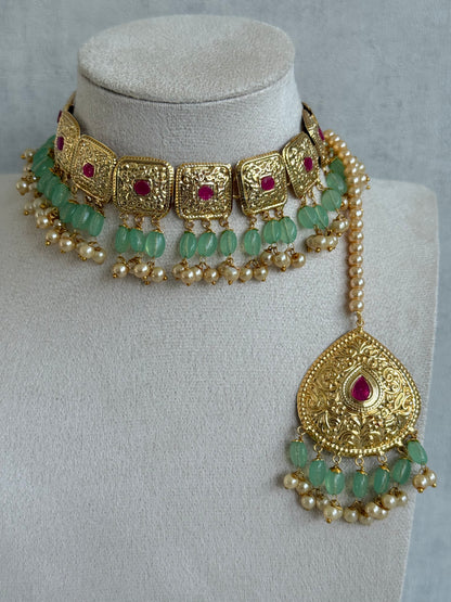 Ayura Designs Chetna Choker Set with Earrings & Tikka – Mint Green Beads, Cream Pearl Drops with Pipal Patti Detailing