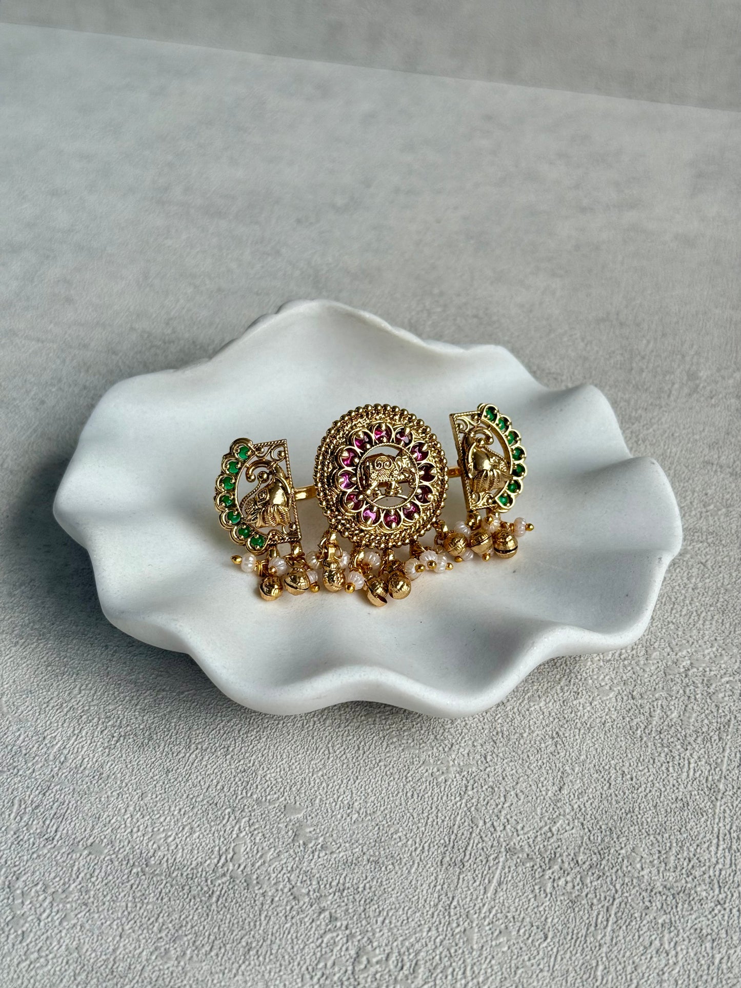 Ayura Designs Nira Adjustable Ring – Jadau-Inspired Gold Elephant Motifs with Rani Pink & Emerald Green Stones, Pearl Drops & Ghungroos