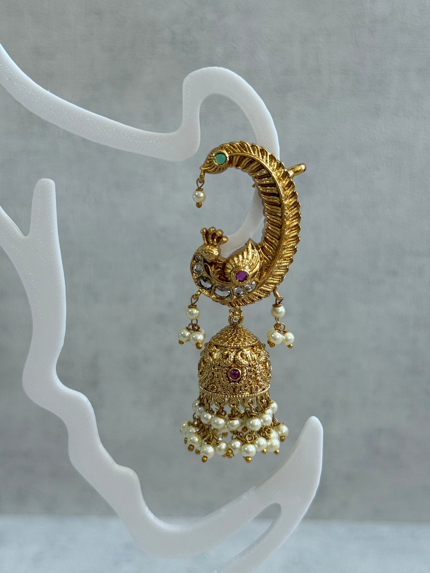 Ayura Designs Mythili Jhumkis – Half Ear Cuffs in Antique Gold with Peacock Design, Pink & Emerald Green Stones and Pearl Drops