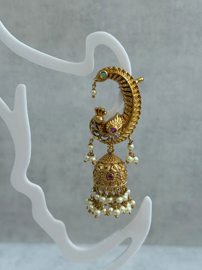 Ayura Designs Mythili Jhumkis – Half Ear Cuffs in Antique Gold with Peacock Design, Pink & Emerald Green Stones and Pearl Drops