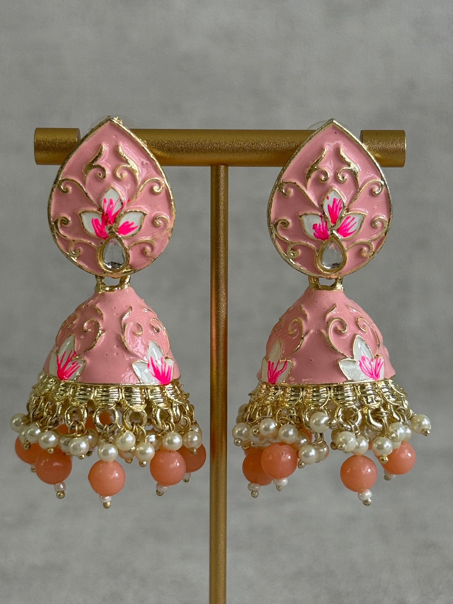 Ayura Designs Gia Jhumkis – Blush Pink Meenakari with Pink Lotus Motifs & Ivory Pearl Drops