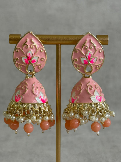 Ayura Designs Gia Jhumkis – Blush Pink Meenakari with Pink Lotus Motifs & Ivory Pearl Drops