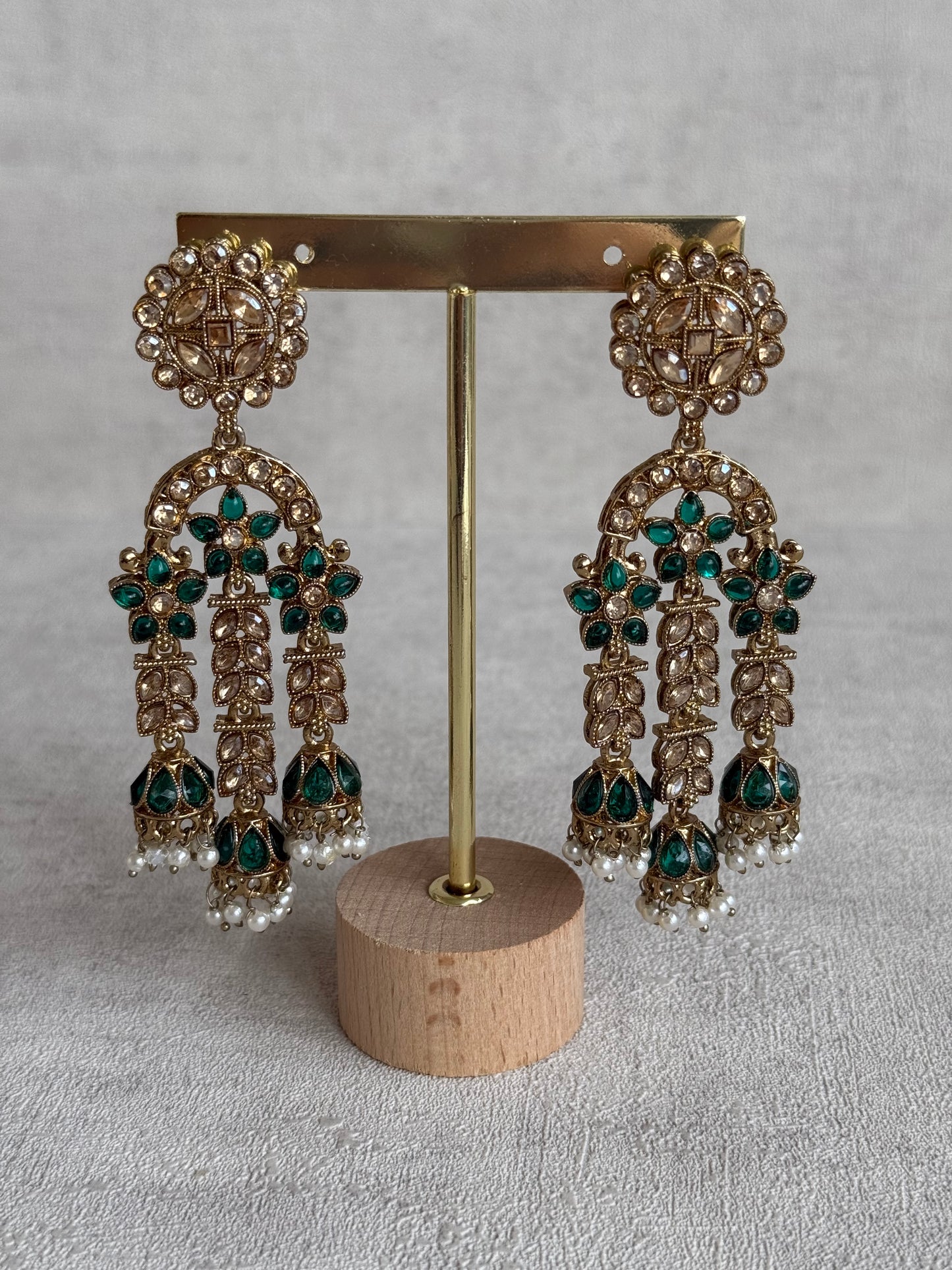 Ayura Designs Soraya Earrings – Emerald Green Stones, Champagne Crystals, Pearl Detailing & Gold Finish